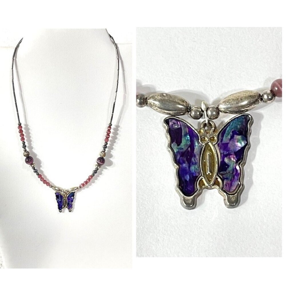 Silver, bead and enamel butterfly necklace.